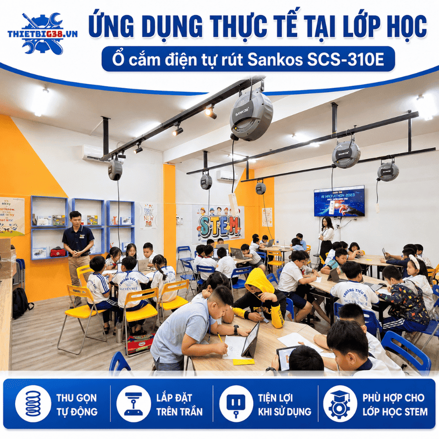 Ổ cắm điện tự rút Sankos SCS-310E sử dụng thực tế tại lớp học và garage
