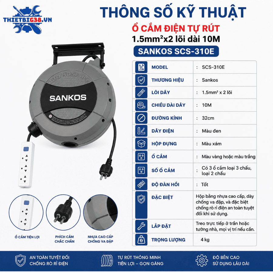 Thông số kỹ thuật Ổ cắm điện tự rút Sankos SCS-310E