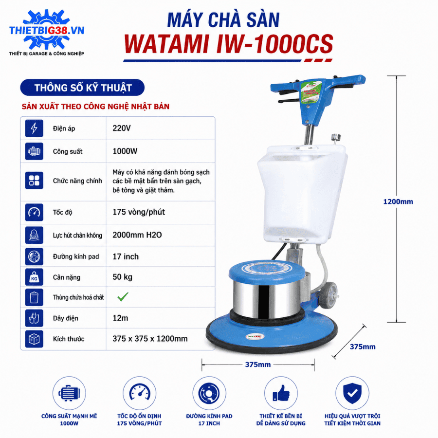 Thông số kỹ thuật máy chà sàn công nghiệp WATAMI IW-1000CS