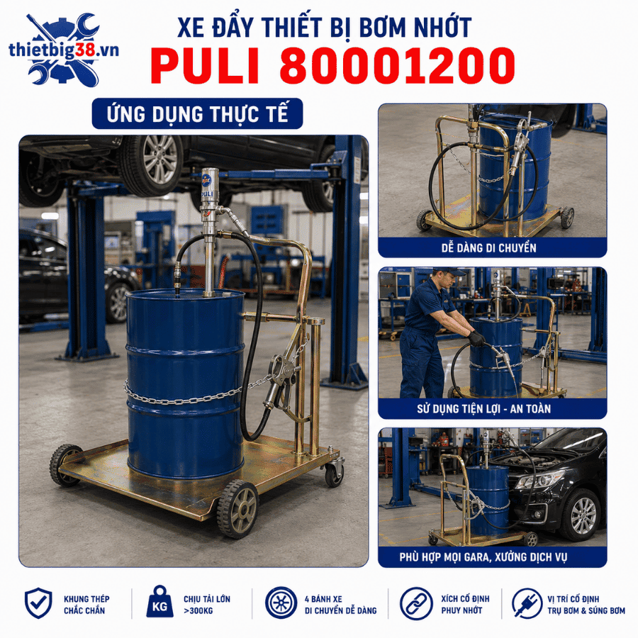 Xe đẩy thiết bị bơm nhớt PULI 80001200 sử dụng trong garage