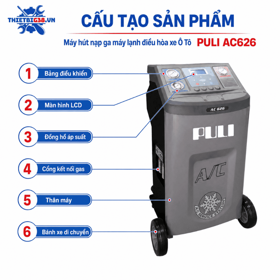 Máy hút nạp ga máy lạnh điều hòa xe Ô Tô PULI AC626 dùng gas R134a