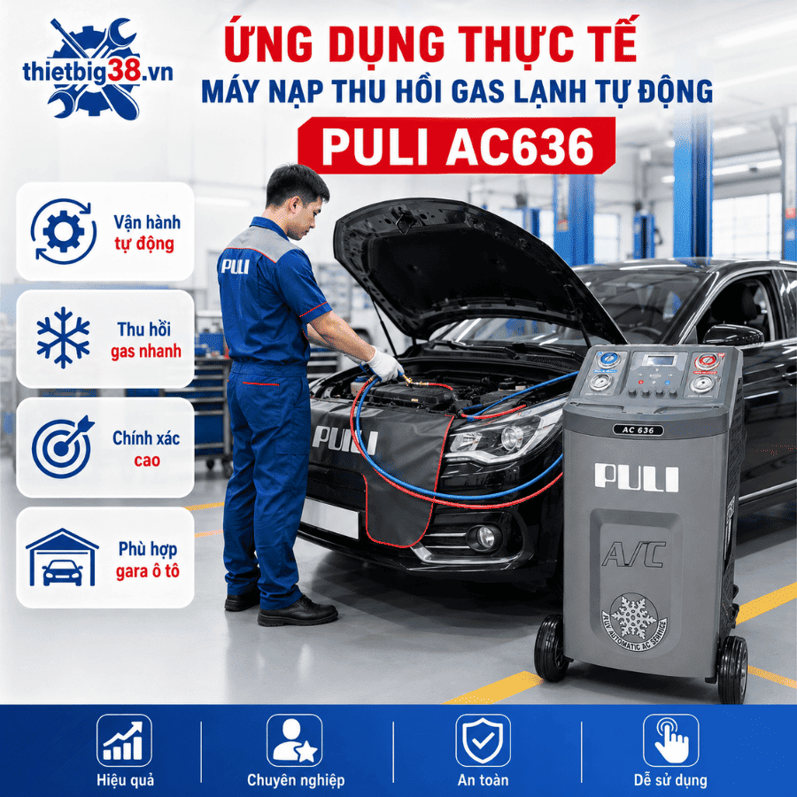 Máy nạp thu hồi gas lạnh tự động PULI AC636 sử dụng trong garage ô tô