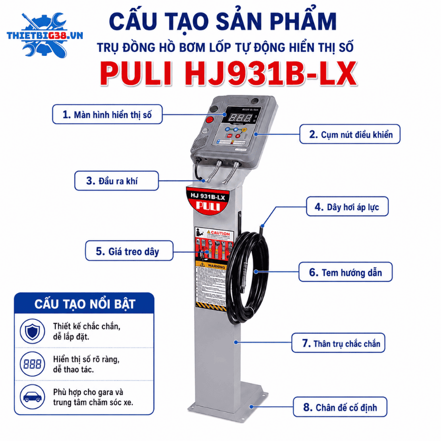 Trụ đồng hồ bơm lốp tự động PULI HJ931B-LX sử dụng trong garage ô tô