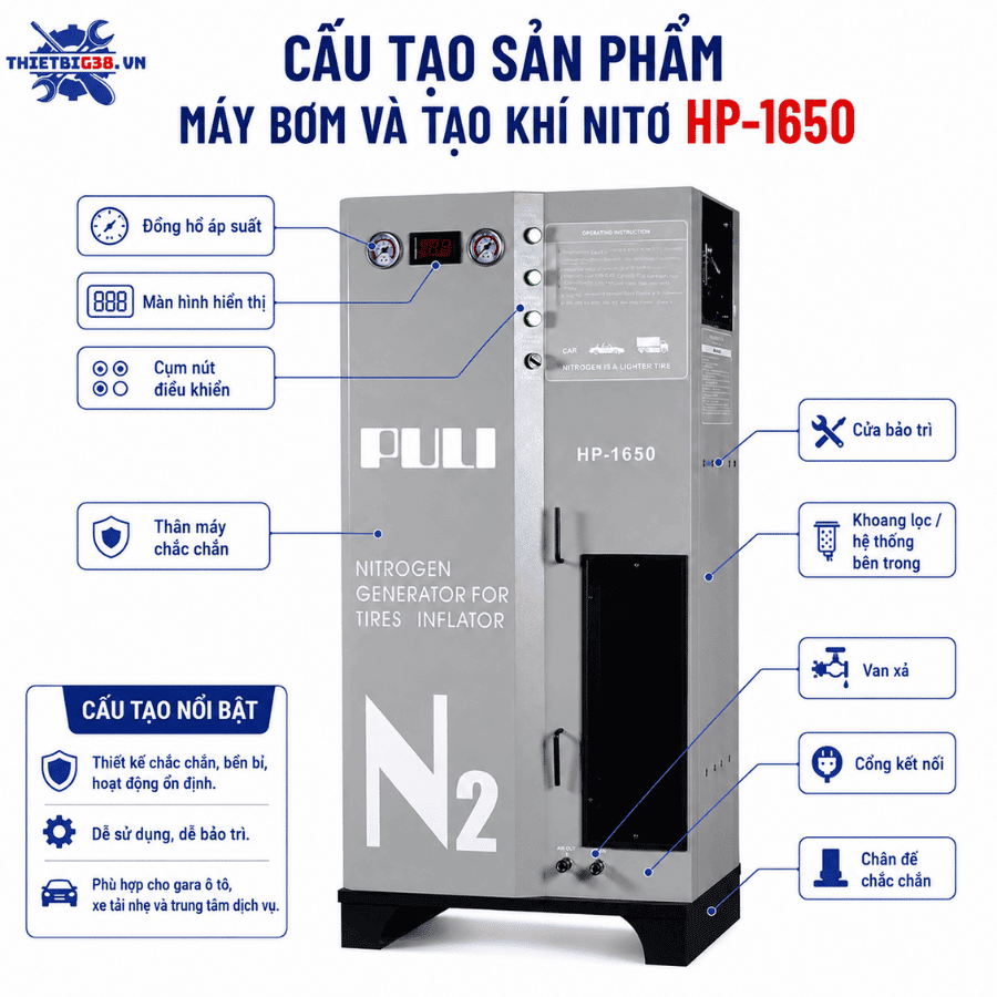 Máy bơm và tạo khí Nito PULI HP-1650 sử dụng trong garage ô tô