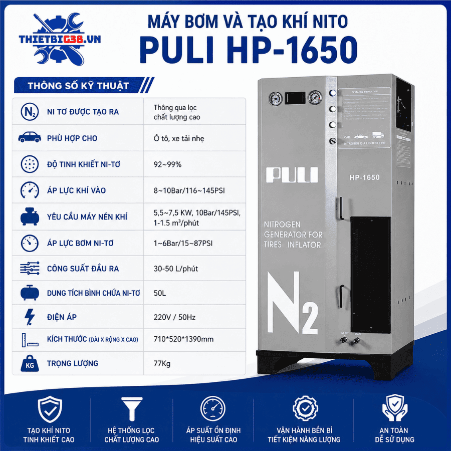 Thông số kỹ thuật Máy bơm và tạo khí Nito PULI HP-1650