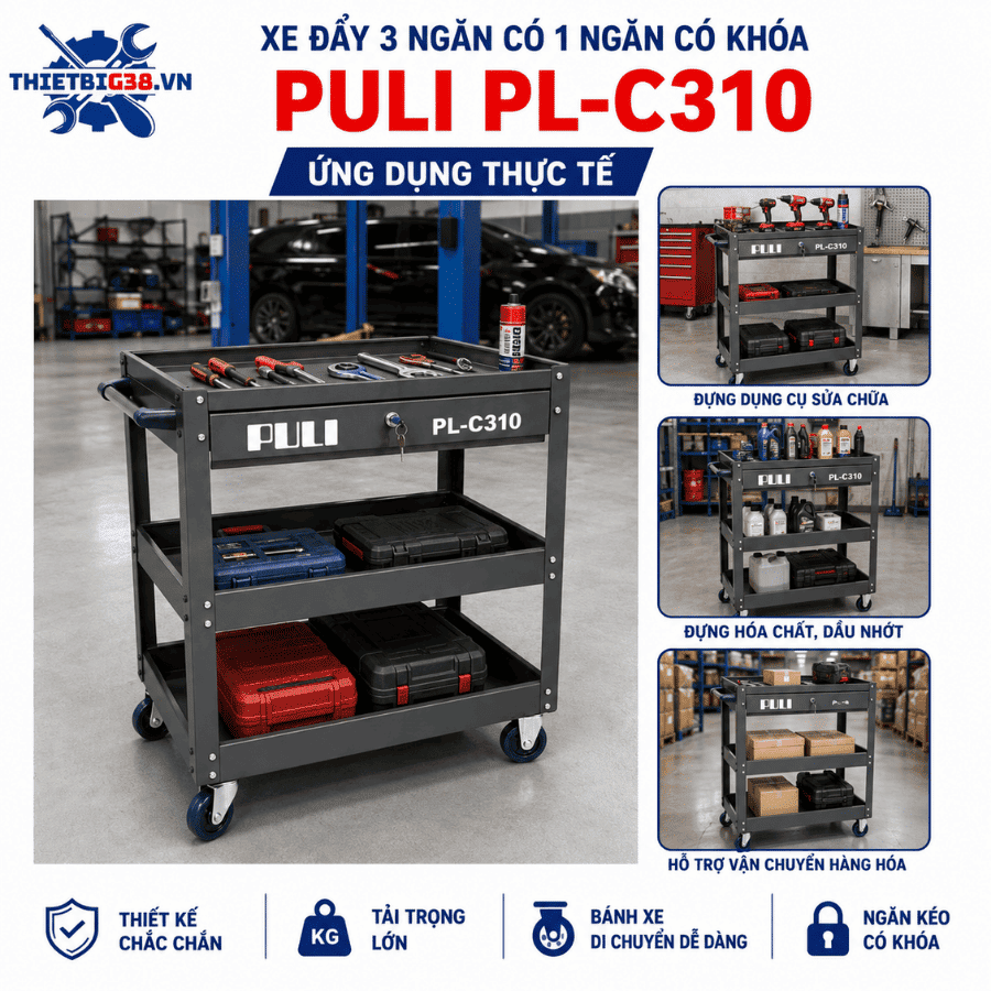 Xe đẩy 3 ngăn có 1 ngăn có khoá PULI PL-C310 trong garage