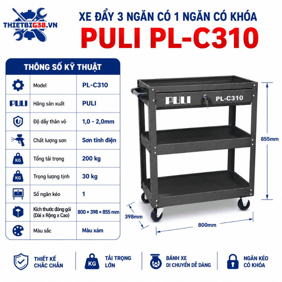 Thông số kỹ thuật Xe đẩy 3 ngăn PULI PL-C310