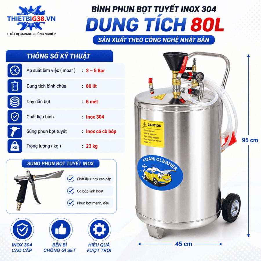 Thông số kỹ thuật bình phun bọt tuyết inox 304 WATAMI 80L