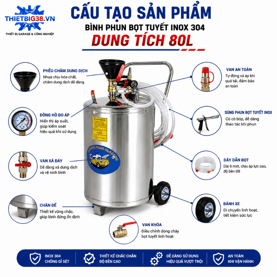 Cấu tạo bình phun bọt tuyết inox 304 dung tích 80L