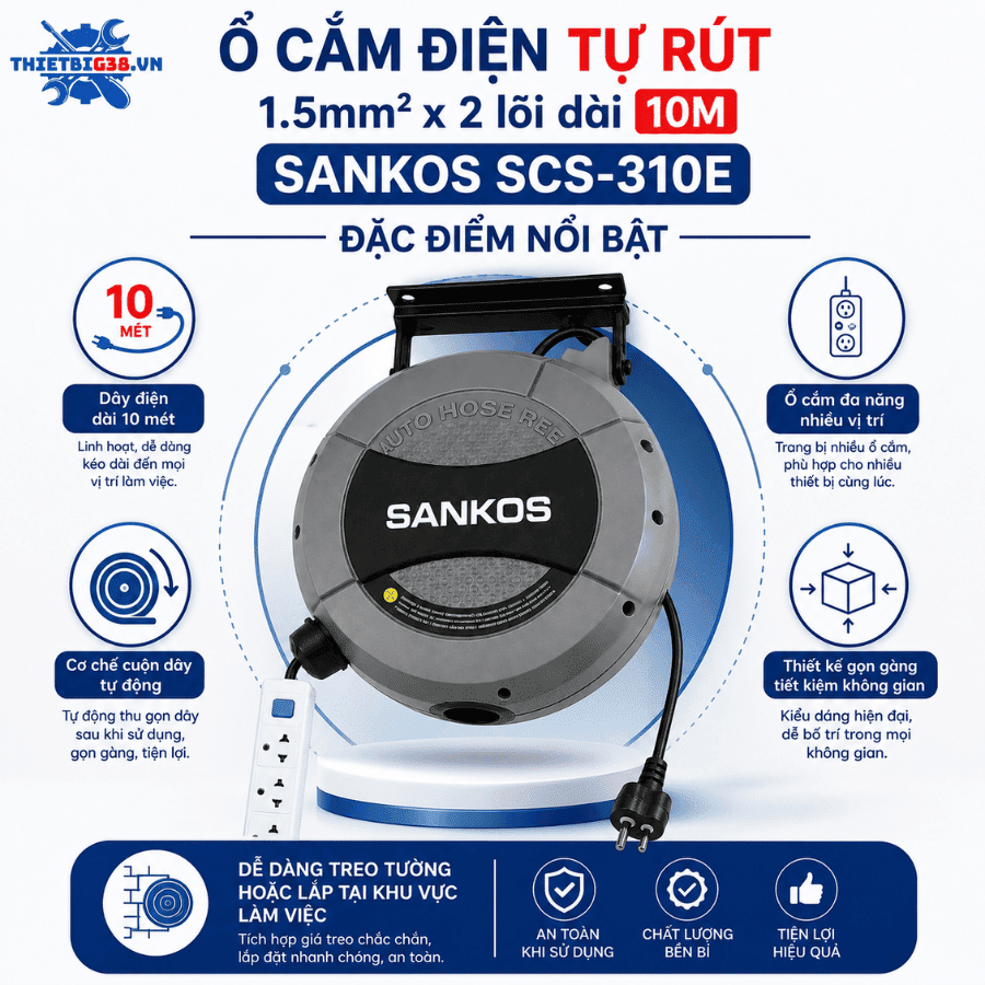Ổ cắm điện tự rút 1.5mm2x2 lõi dài 10M Sankos SCS-310E