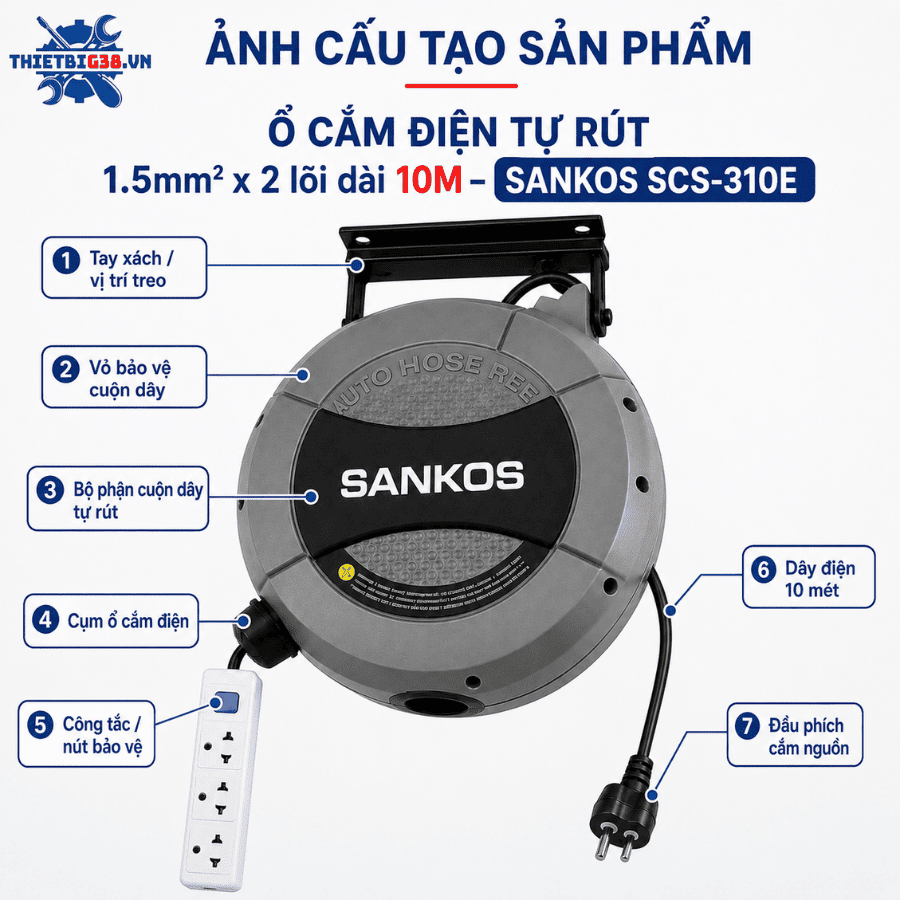 Ổ cắm điện tự rút 1.5mm2x2 lõi dài 10M Sankos SCS-310E