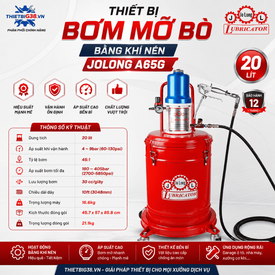 Thiết Bị Bơm Mỡ Bò Bằng Khí Nén Jolong A65G Công Nghệ Nhật Bản Chính Hãng