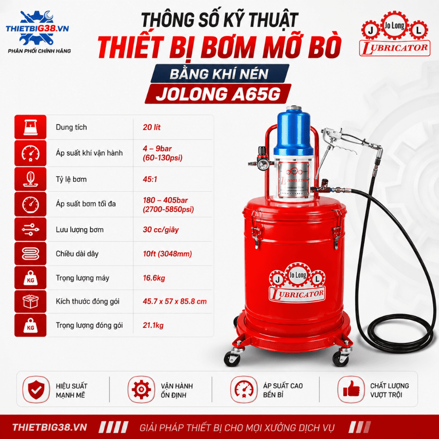 Thiết Bị Bơm Mỡ Bò Bằng Khí Nén Jolong A65G Công Nghệ Nhật Bản Chính Hãng