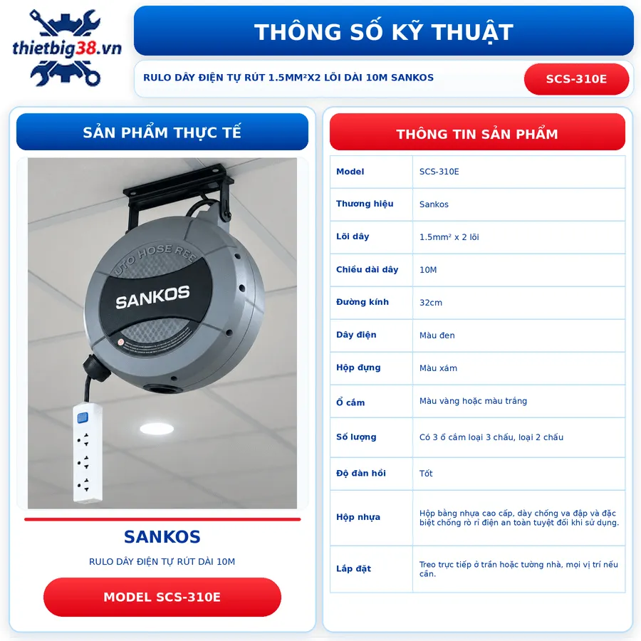 Cuộn dây điện tự rút treo trần 1.5mm2x2 lõi dài 10M Sankos SCS-310E
