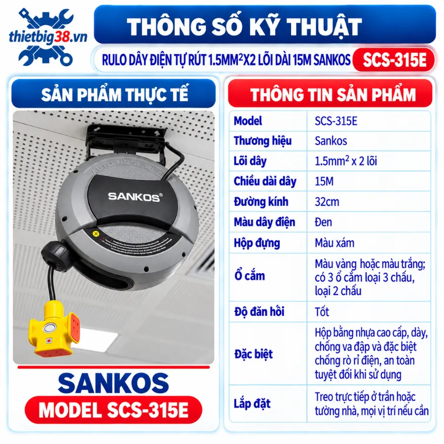 Rulo dây điện tự rút 1.5mm2x2 lõi dài 15M Sankos SCS-315E