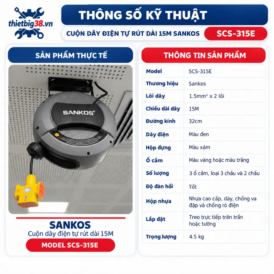 Cuộn dây điện tự rút 1.5mm2x2 lõi dài 15M Sankos SCS-315E