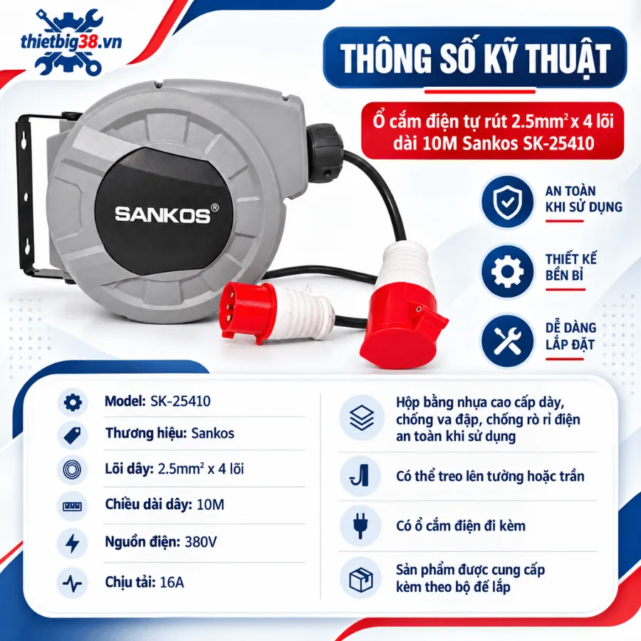 Ổ cắm điện tự rút 2.5mm2x4 lõi dài 10M Sankos SK-25410