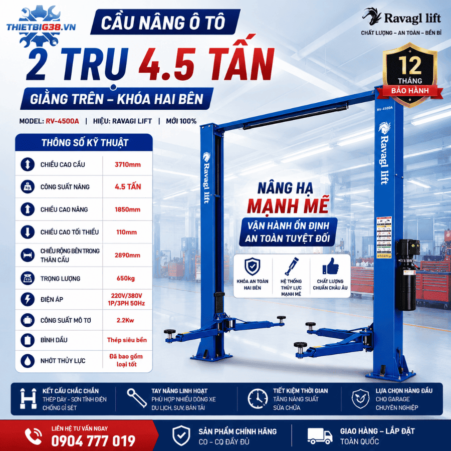 Cầu Nâng Ô Tô 2 Trụ 4.5 Tấn RAVAGI LIFT RV-4500A Khóa Lock 2 Bên
