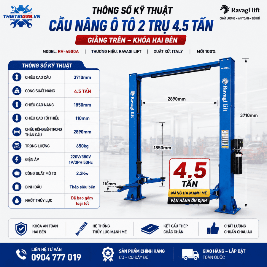 Cầu Nâng Ô Tô 2 Trụ 4.5 Tấn RAVAGI LIFT RV-4500A Khóa Lock 2 Bên