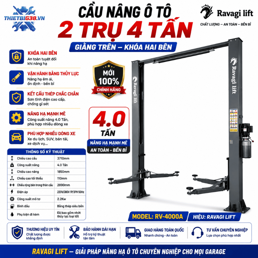Cầu Nâng Ô Tô 2 Trụ 4 Tấn RAVAGI LIFT RV-4000A Lock Khóa 2 Bên