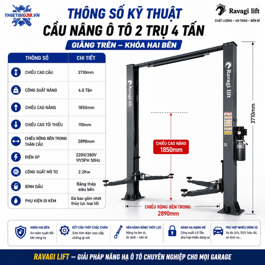 Cầu Nâng Ô Tô 2 Trụ 4 Tấn RAVAGI LIFT RV-4000A Lock Khóa 2 Bên