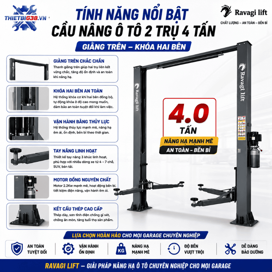 Cầu Nâng Ô Tô 2 Trụ 4 Tấn RAVAGI LIFT RV-4000A Lock Khóa 2 Bên