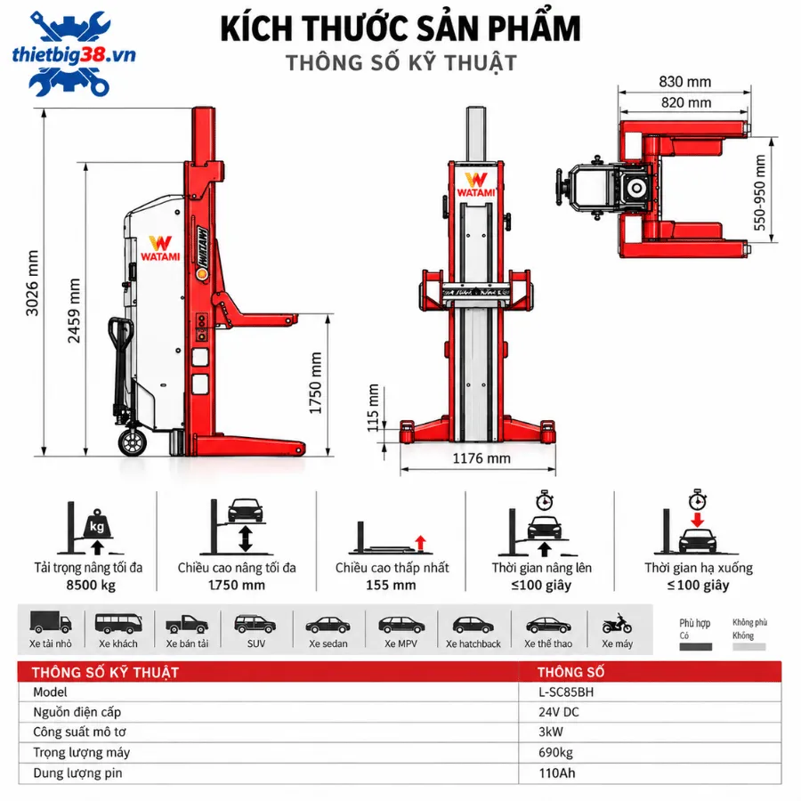 Hệ thống trụ nâng công nghiệp WATAMI WT-7500V 7.5 tấn/trụ