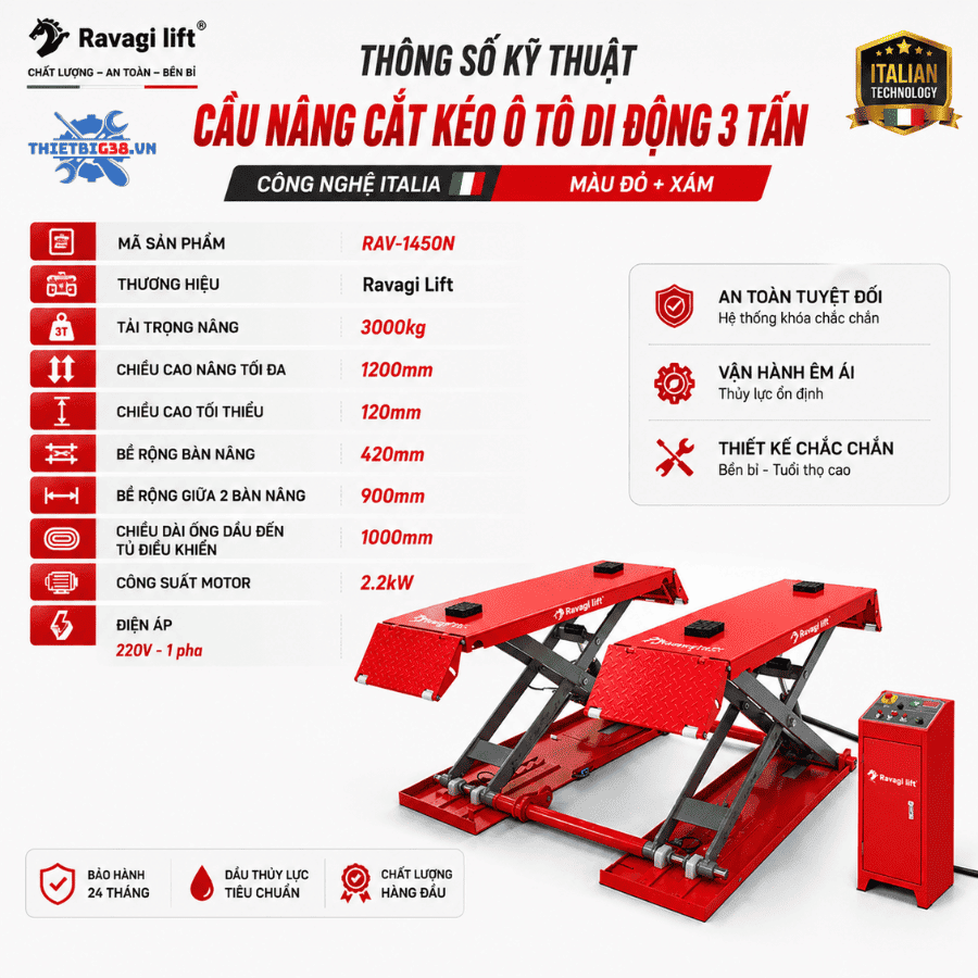Cầu Nâng Cắt Kéo Di Động 3 Tấn RAVAGI LIFT RAV-1450N Công Nghệ Italia