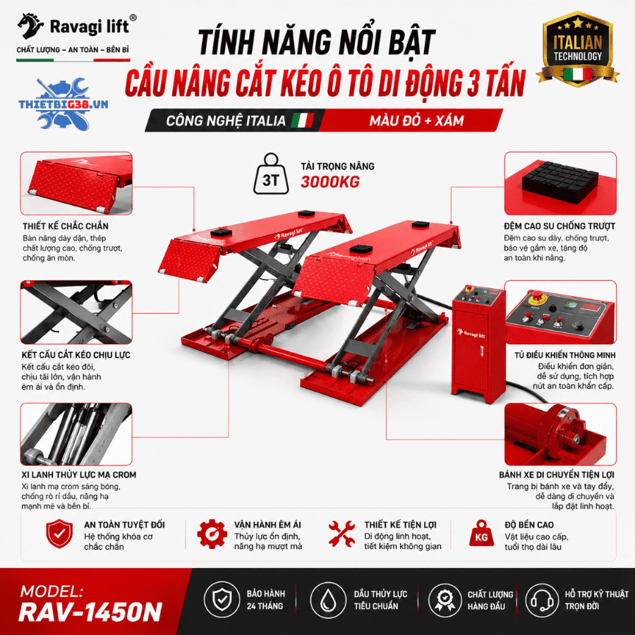 Cầu Nâng Cắt Kéo Di Động 3 Tấn RAVAGI LIFT RAV-1450N Công Nghệ Italia
