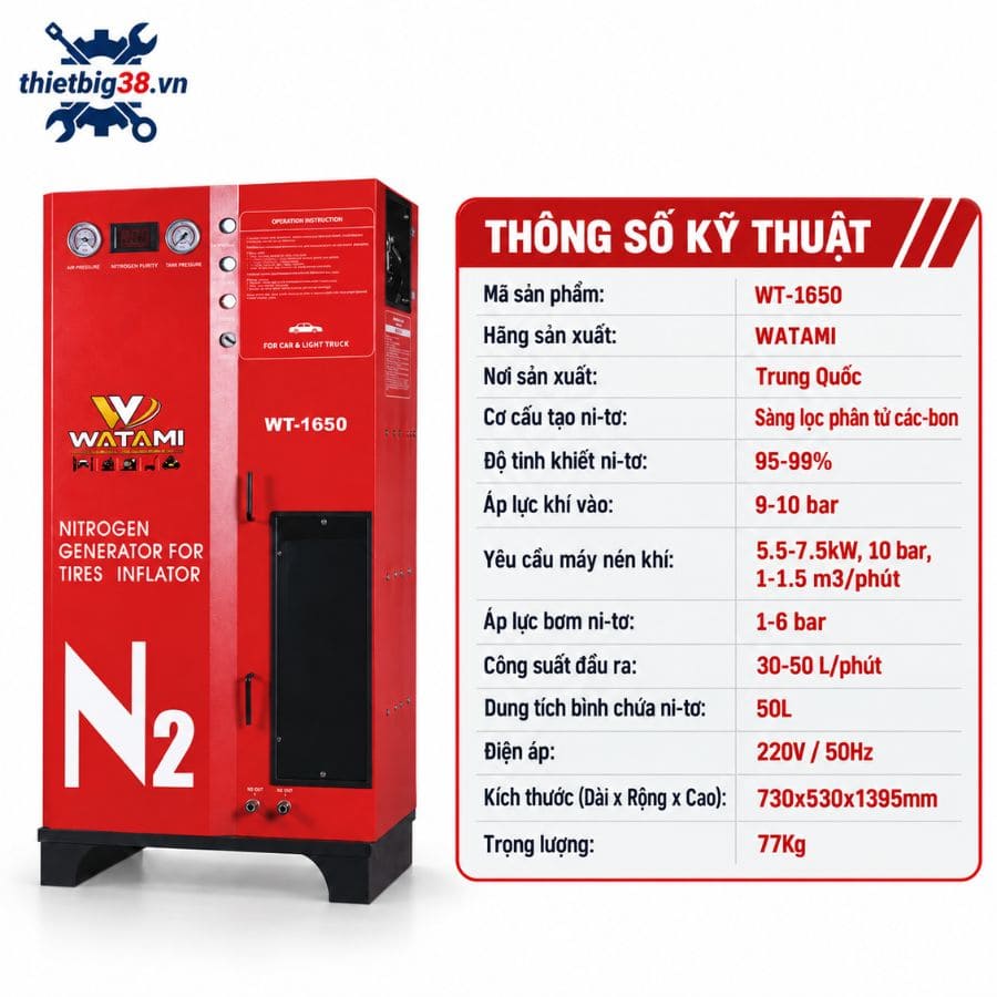 Máy bơm khí ni-tơ WATAMI WT-1650 – Bán tự động, bình chứa 50L