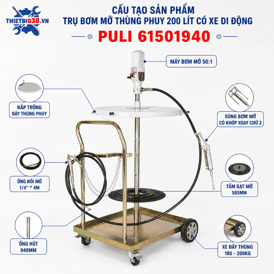 Trụ bơm mỡ thùng phuy 200 lít có xe di động PULI 61501940