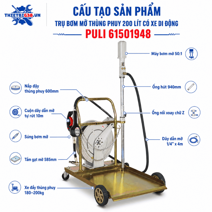 Trụ bơm mỡ thùng phuy 200 lít có xe di động PULI 61501948