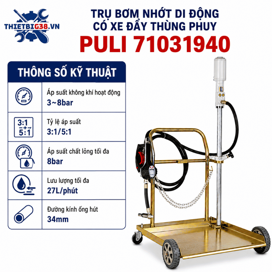 Trụ bơm nhớt di động có xe đẩy thùng phuy + đồng hồ đo lưu lượng + 4m dây dẫn PULI 71031940
