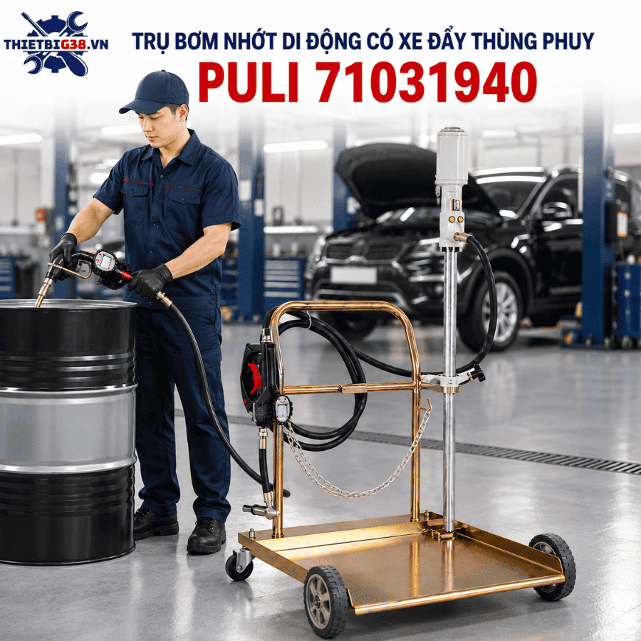 Trụ bơm nhớt di động có xe đẩy thùng phuy + đồng hồ đo lưu lượng + 4m dây dẫn PULI 71031940