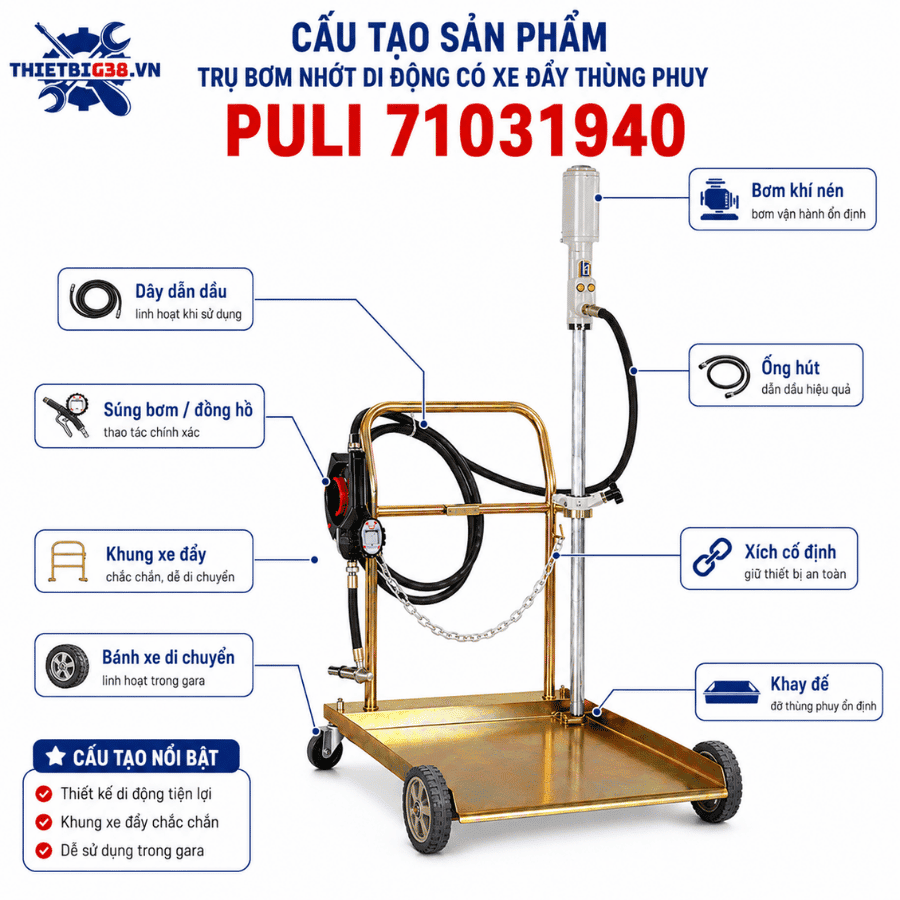 Trụ bơm nhớt di động có xe đẩy thùng phuy + đồng hồ đo lưu lượng + 4m dây dẫn PULI 71031940