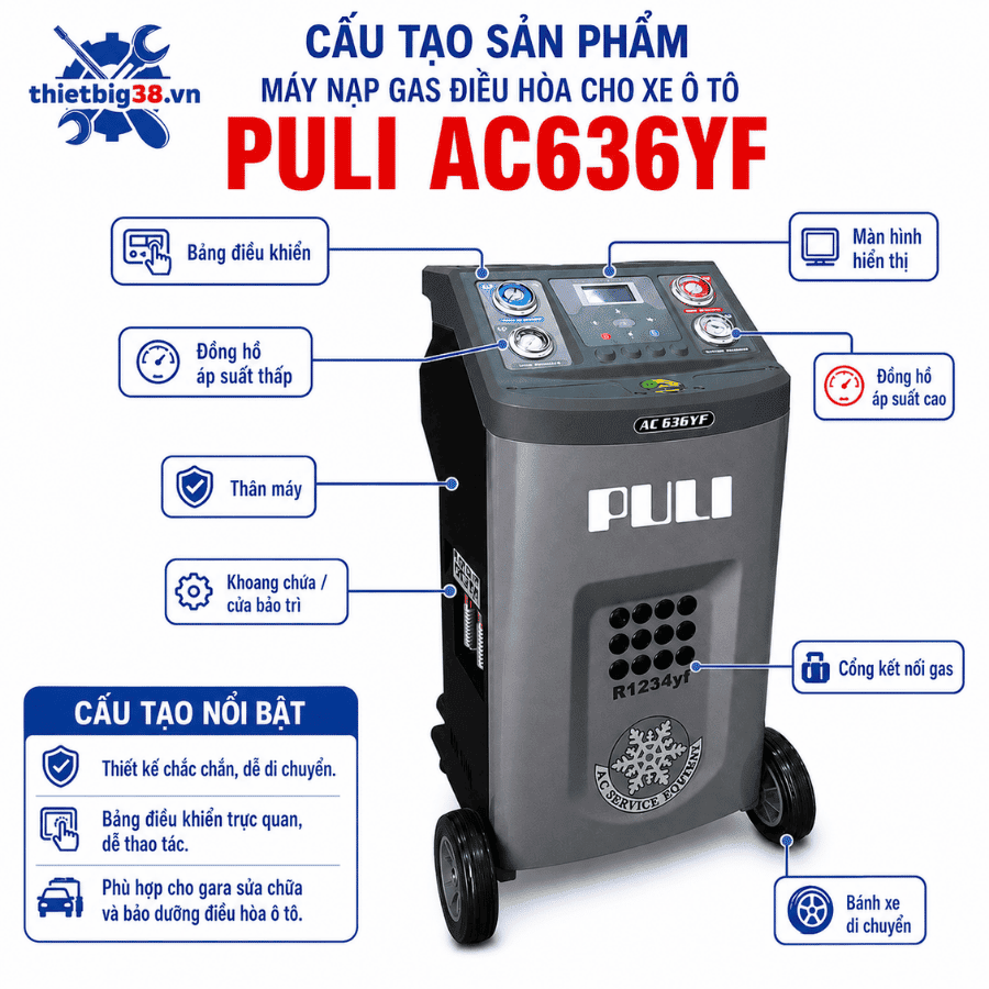 Máy nạp gas điều hòa cho xe ô tô PULI AC636YF 