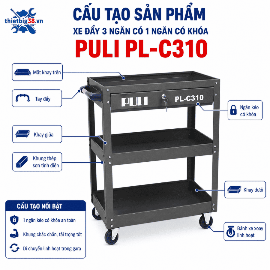 Xe đẩy 3 ngăn có 1 ngăn có khoá PULI PL-C310