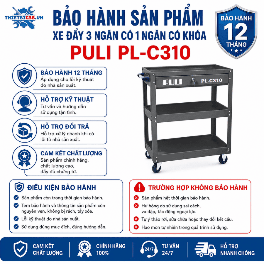Xe đẩy 3 ngăn có 1 ngăn có khoá PULI PL-C310