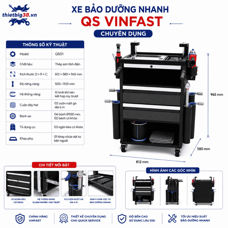 Xe Bảo Dưỡng Nhanh EM QS VinFast Chuyên Dụng Cho Xưởng Dịch Vụ