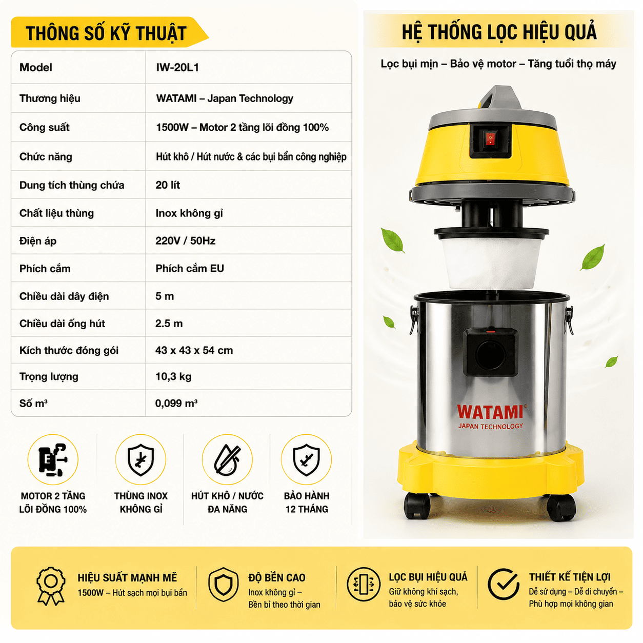 Máy hút bụi công nghiệp 20L WATAMI IW-20L1