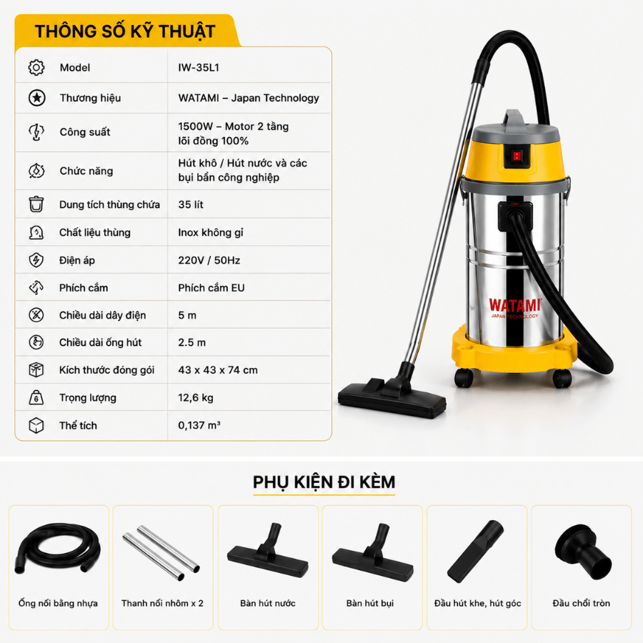 Máy Hút Bụi Công Nghiệp WATAMI 35 Lít IW-35L1