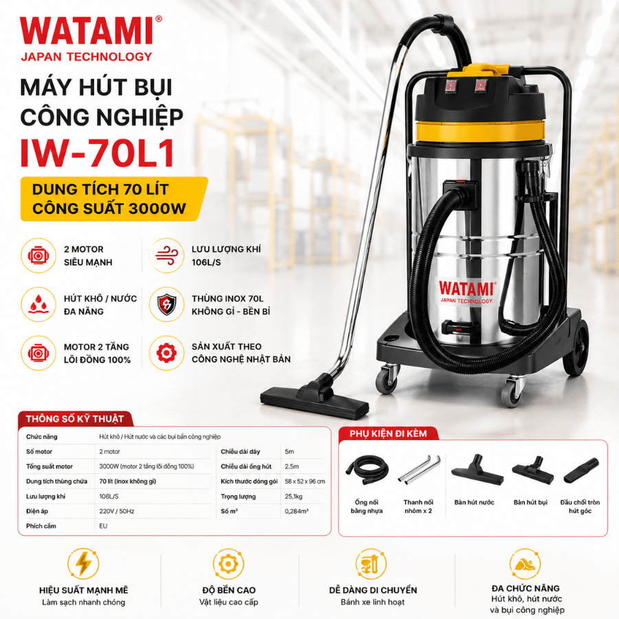 Máy Hút Bụi Công Nghiệp 70L 2 Motor WATAMI IW-70L1
