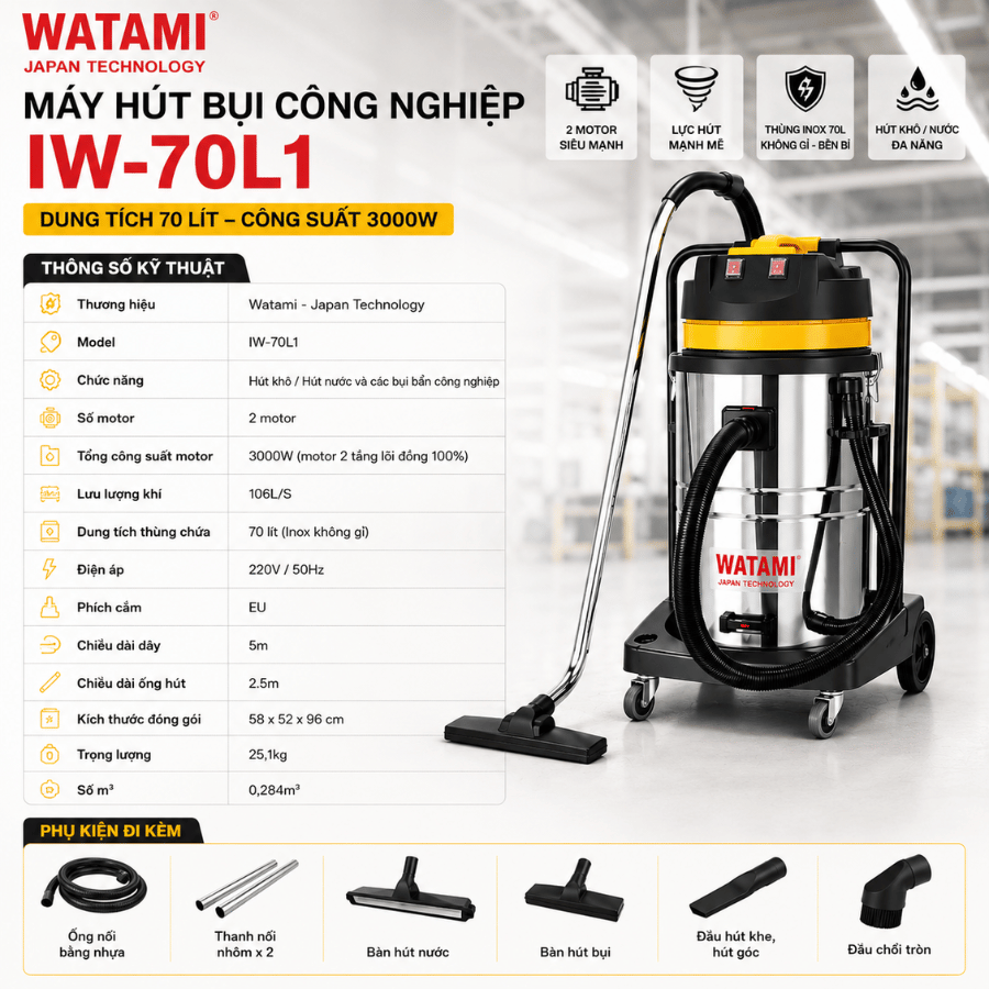 Máy Hút Bụi Công Nghiệp 70L 2 Motor WATAMI IW-70L1