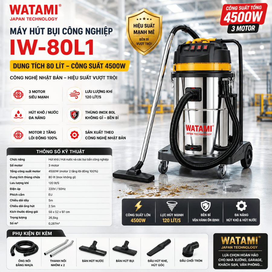 Máy Hút Bụi Công Nghiệp 80L 3 Motor WATAMI IW-80L1