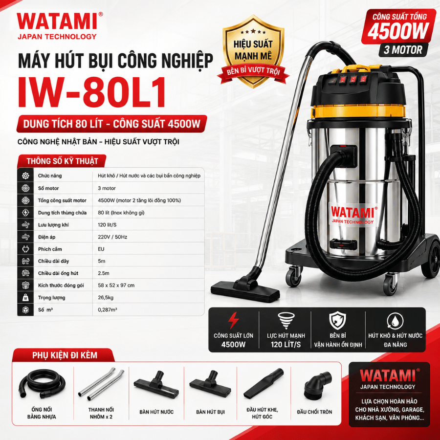 Máy Hút Bụi Công Nghiệp 80L 3 Motor WATAMI IW-80L1