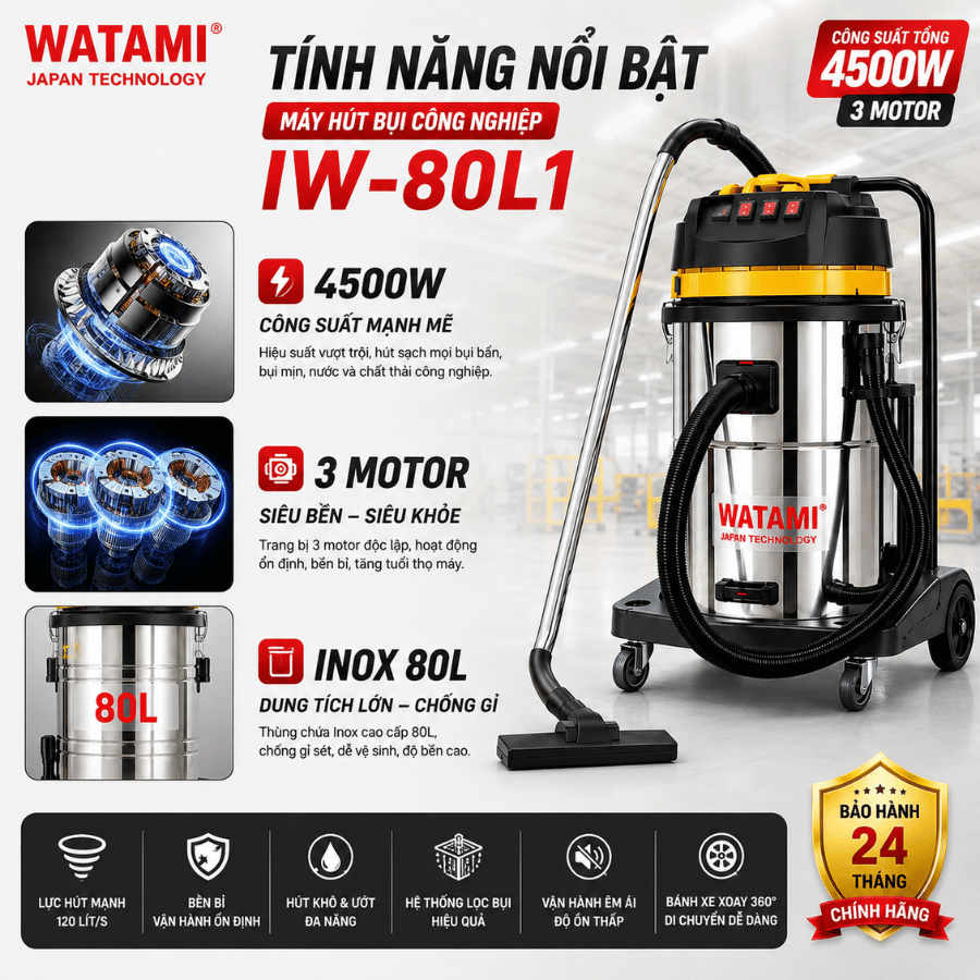 Máy Hút Bụi Công Nghiệp 80L 3 Motor WATAMI IW-80L1