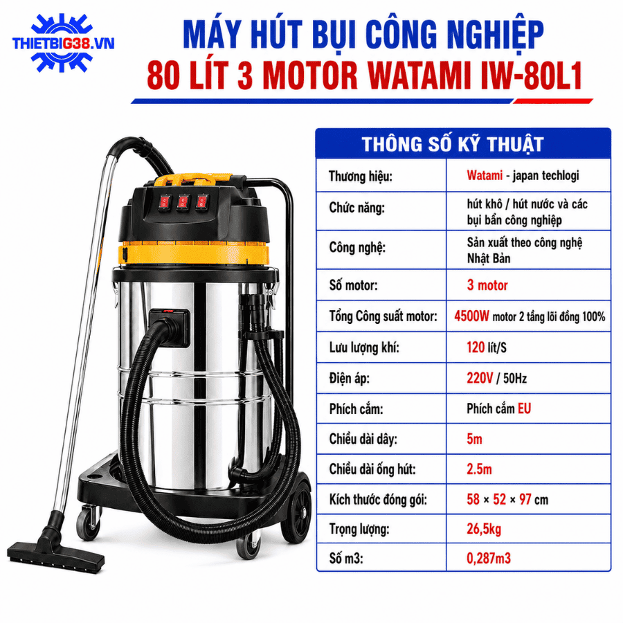 Máy Hút Bụi Công Nghiệp 80L 3 Motor WATAMI IW-80L1