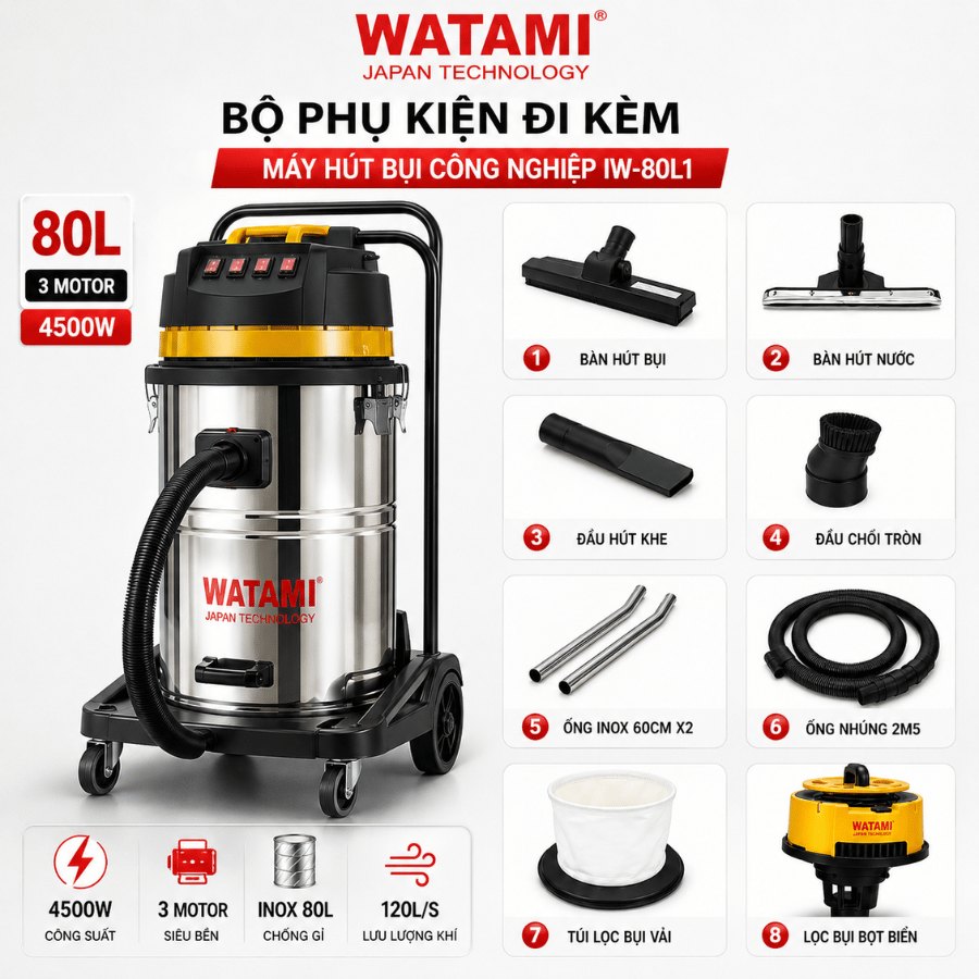 Máy Hút Bụi Công Nghiệp 80L 3 Motor WATAMI IW-80L1