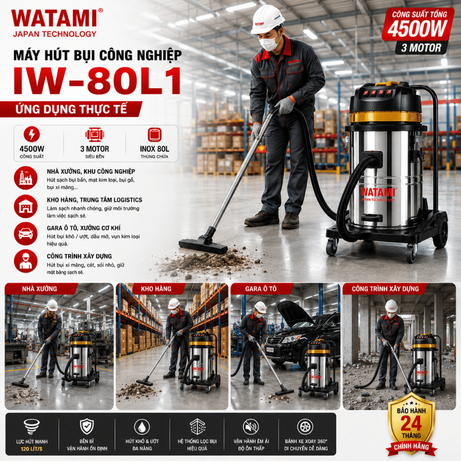 Máy Hút Bụi Công Nghiệp 80L 3 Motor WATAMI IW-80L1