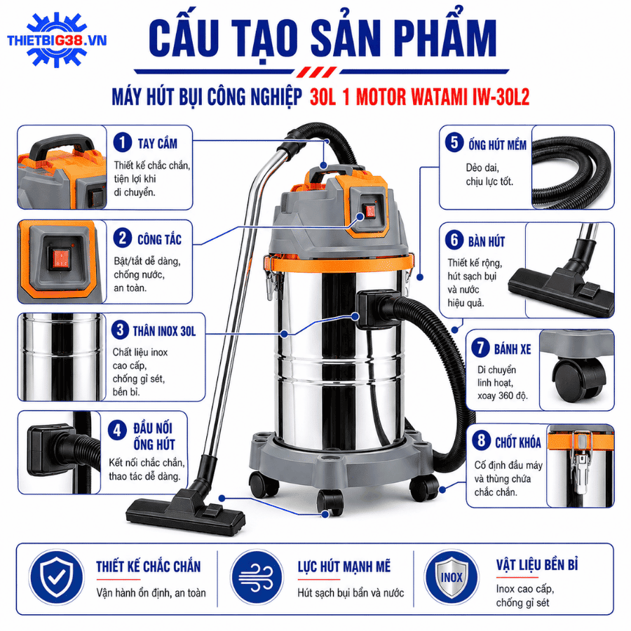 Máy hút bụi công nghiệp 30L 1 Motor WATAMI IW-30L2